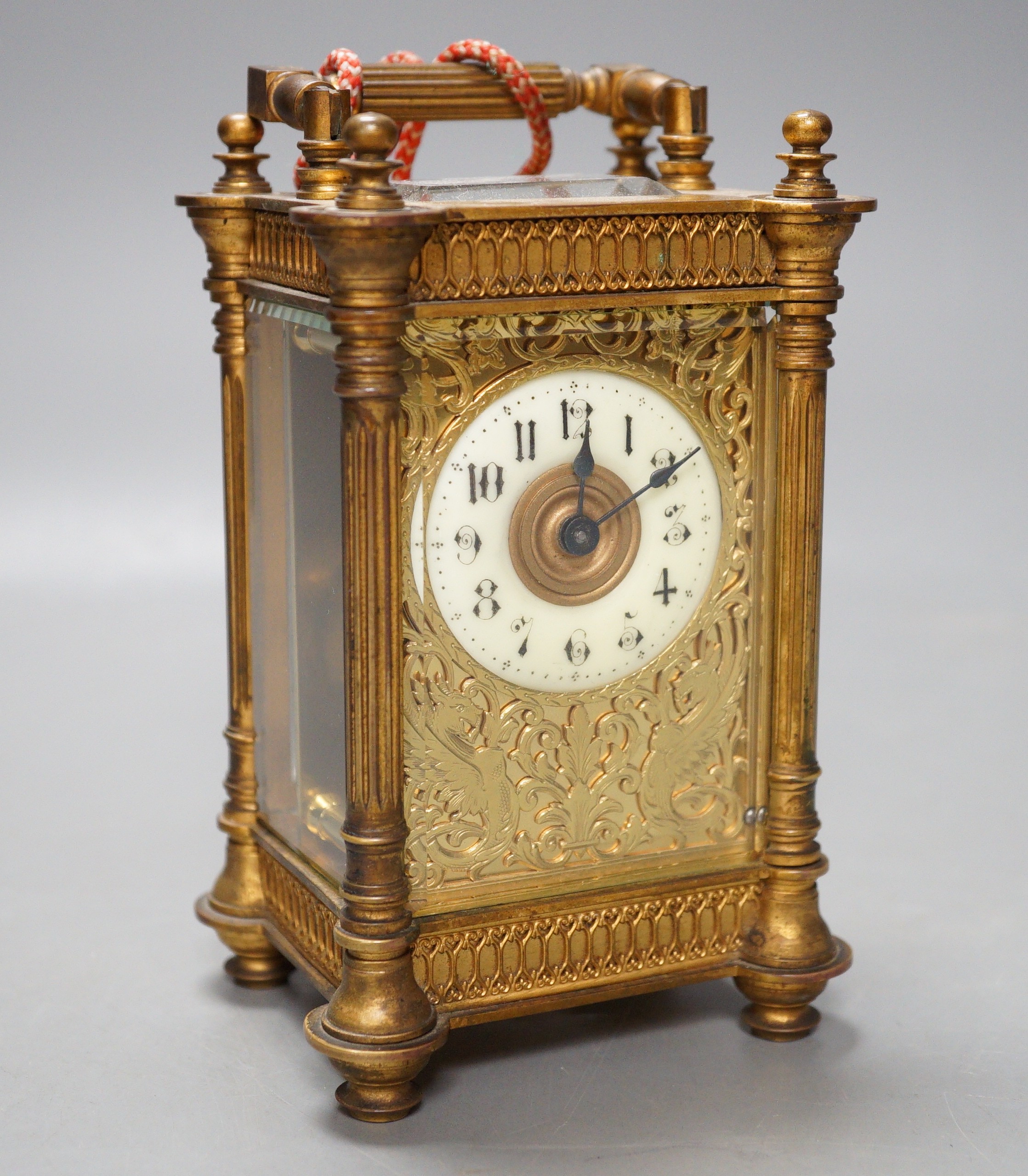 A French lacquered brass carriage timepiece, 14.5cm